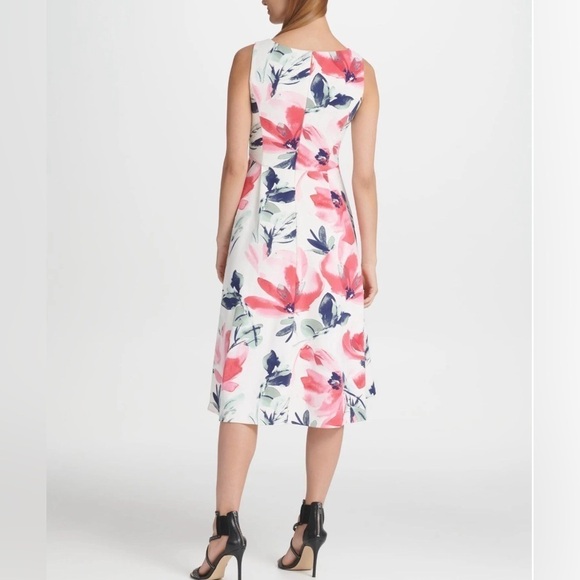DKNY Dresses Floral Dresses DKNY Womens Pink Sleeveless V Neck Midi Fit Flare - Picture 3 of 11